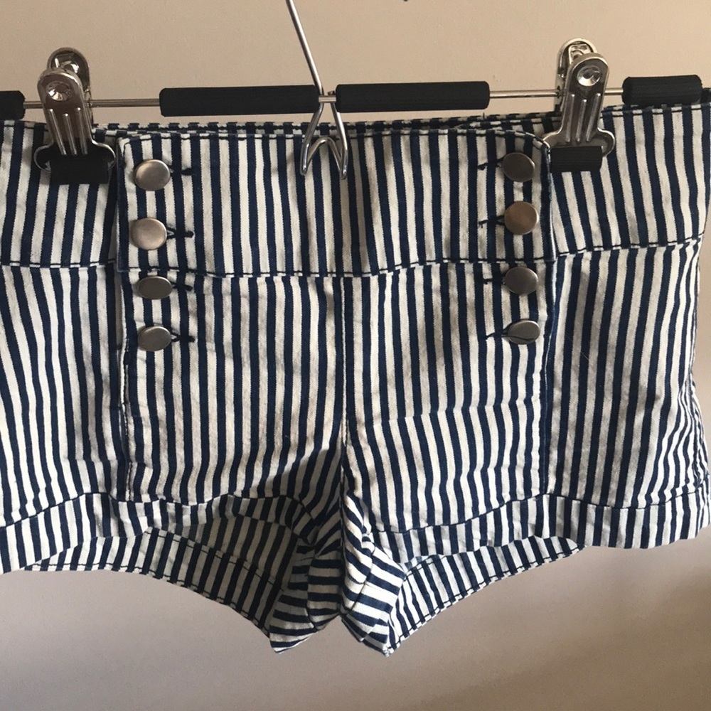Navy/ white stripped, button up, high waist shorts